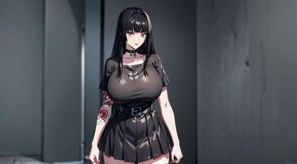 charlottefortnite, long hair, black_hair, bangs, blunt_bangs, red eyes, choker, red eyes, latex skirt, black_skirt, black latex shirt, belt, kneehighs, tattoo (masterpiece, HDR photo) BREAK droptop BREAK ((photorealistic), realistic face), big breasts, beautifully detailed woman, realistic face, detailed mouth, extremely detailed eyes_and_face, beautiful attractive face, beautiful detailed eyes, (photorealistic), pronounced feminine feature, matte eyeshadow, eyelashes, eyeliner, smooth skin, standing 