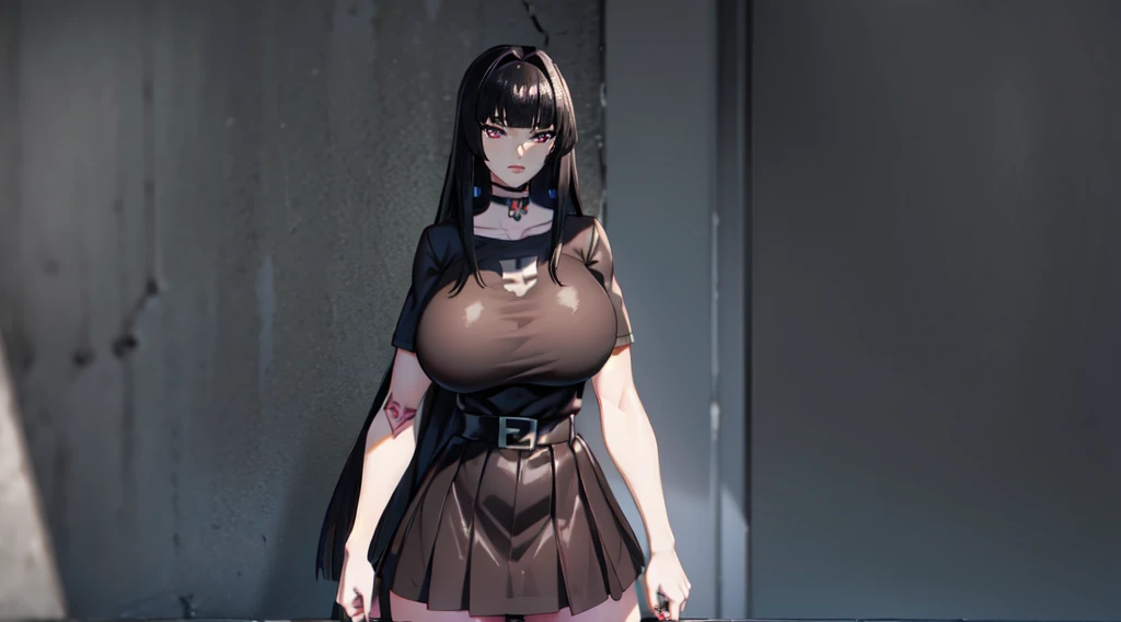 charlottefortnite, long hair, black_hair, bangs, blunt_bangs, red eyes, choker, red eyes, latex skirt, black_skirt, black latex shirt, belt, kneehighs, tattoo (masterpiece, HDR photo) BREAK droptop BREAK ((photorealistic), realistic face), big breasts, beautifully detailed woman, realistic face, detailed mouth, extremely detailed eyes_and_face, beautiful attractive face, beautiful detailed eyes, (photorealistic), pronounced feminine feature, matte eyeshadow, eyelashes, eyeliner, smooth skin, standing 