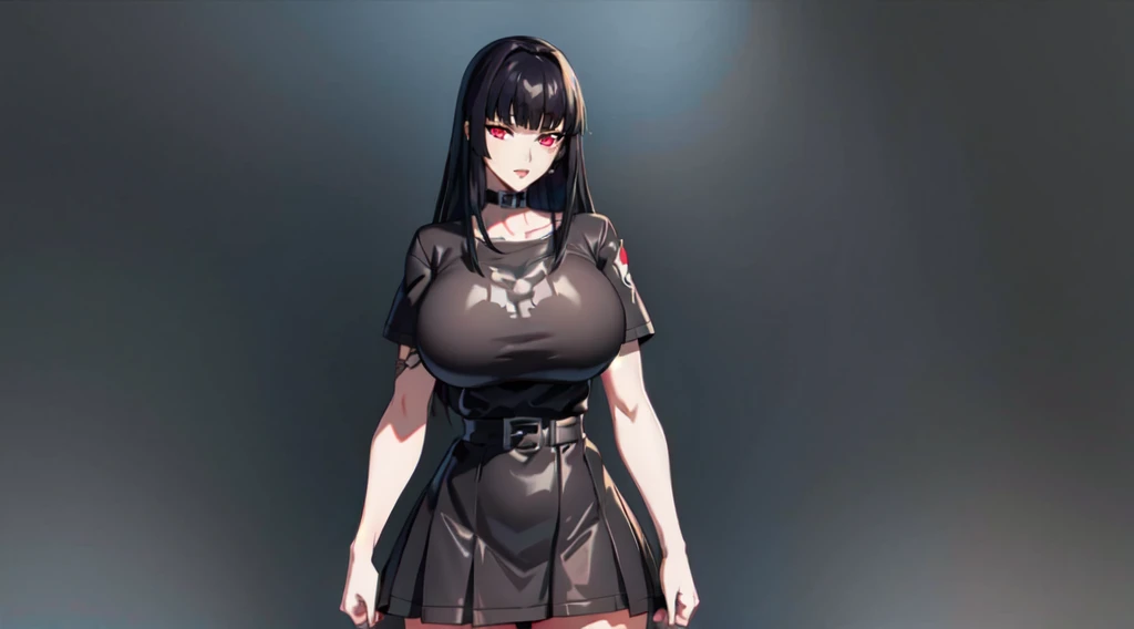 charlottefortnite, long hair, black_hair, bangs, blunt_bangs, red eyes, choker, red eyes, latex skirt, black_skirt, black latex shirt, belt, kneehighs, tattoo (masterpiece, HDR photo) BREAK droptop BREAK ((photorealistic), realistic face), big breasts, beautifully detailed woman, realistic face, detailed mouth, extremely detailed eyes_and_face, beautiful attractive face, beautiful detailed eyes, (photorealistic), pronounced feminine feature, matte eyeshadow, eyelashes, eyeliner, smooth skin, standing 