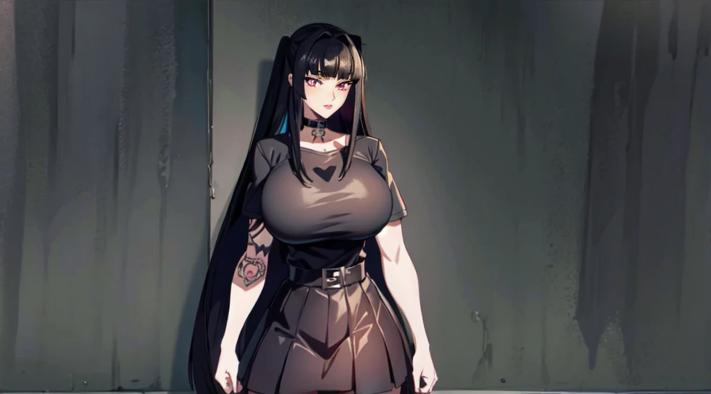 charlottefortnite, long hair, black_hair, bangs, blunt_bangs, red eyes, choker, red eyes, latex skirt, black_skirt, black latex shirt, belt, kneehighs, tattoo (masterpiece, HDR photo) BREAK droptop BREAK ((photorealistic), realistic face), big breasts, beautifully detailed woman, realistic face, detailed mouth, extremely detailed eyes_and_face, beautiful attractive face, beautiful detailed eyes, (photorealistic), pronounced feminine feature, matte eyeshadow, eyelashes, eyeliner, smooth skin, standing 