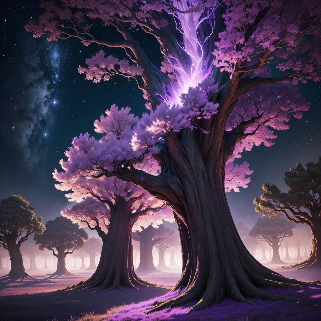**Create an image of a grand mystical tree with a deep purple color palette. The tree should be towering and majestic, with a sprawling canopy of vibrant purple leaves that seem to shimmer with an otherworldly glow. The trunk should be thick and gnarled, featuring intricate patterns in various shades of purple and hints of iridescence. Surround the tree with a magical atmosphere, such as a starry night sky, soft mist, or a mystical aura that enhances the tree's enchanting presence. The overall scene should convey a sense of ancient wisdom and otherworldly beauty.**