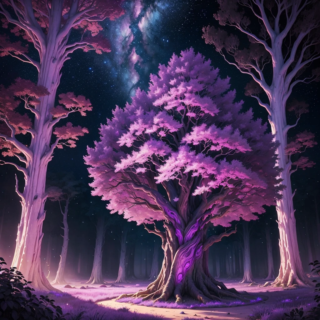 **Create an image of a grand mystical tree with a deep purple color palette. The tree should be towering and majestic, with a sprawling canopy of vibrant purple leaves that seem to shimmer with an otherworldly glow. The trunk should be thick and gnarled, featuring intricate patterns in various shades of purple and hints of iridescence. Surround the tree with a magical atmosphere, such as a starry night sky, soft mist, or a mystical aura that enhances the tree's enchanting presence. The overall scene should convey a sense of ancient wisdom and otherworldly beauty.**