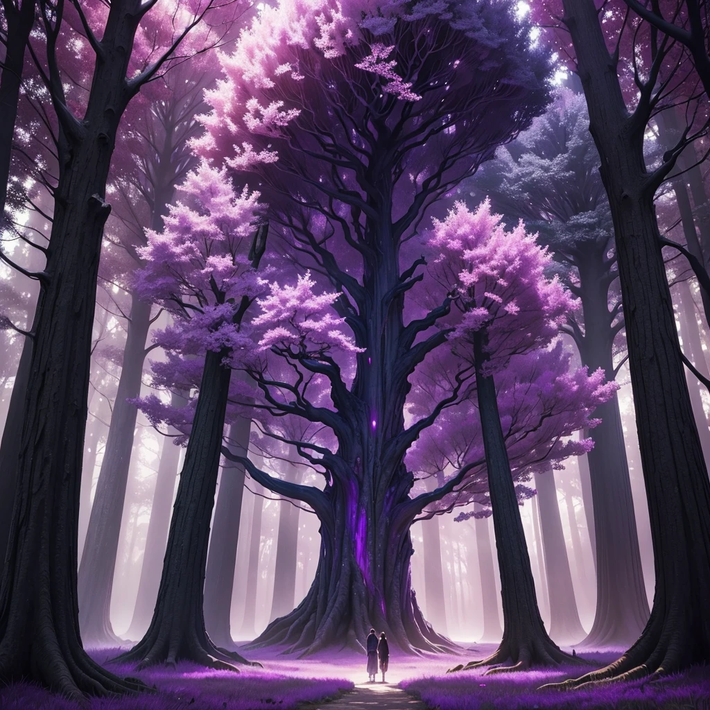 **Create an image of a grand mystical tree with a deep purple color palette. The tree should be towering and majestic, with a sprawling canopy of vibrant purple leaves that seem to shimmer with an otherworldly glow. The trunk should be thick and gnarled, featuring intricate patterns in various shades of purple and hints of iridescence. Surround the tree with a magical atmosphere, such as a starry night sky, soft mist, or a mystical aura that enhances the tree's enchanting presence. The overall scene should convey a sense of ancient wisdom and otherworldly beauty.**