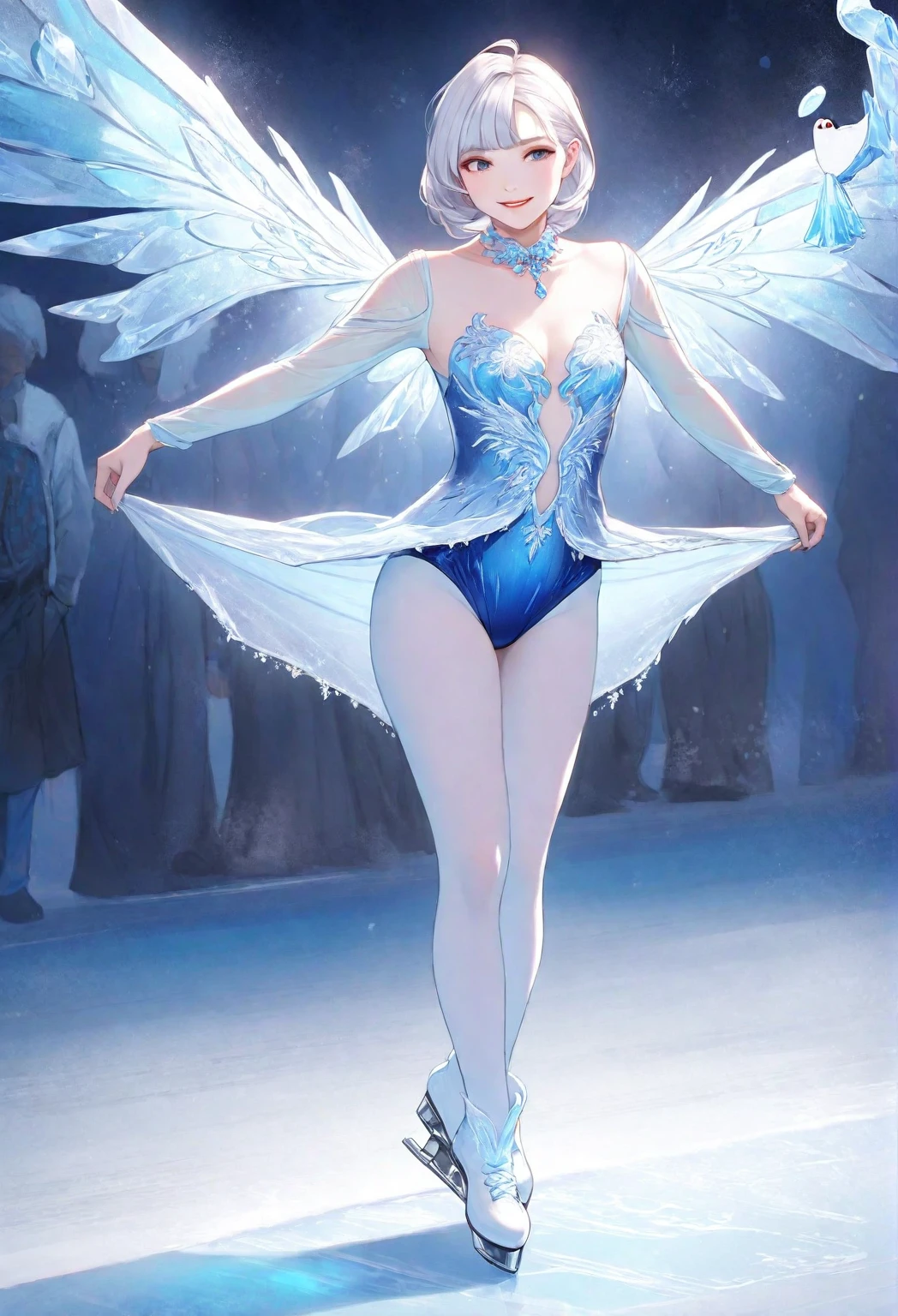 A fifty-year-old woman in a blue dress at an ice rink, Wearing a leotard, Inspired by Zhou Wenjing, Dark blue leotard costume, Inspired by Ma Yuanyu, Full body fairy, Irina Nordsol-Kuzmina, Yoshitomo Nara, Ice Princess, Inspired by Zhang Shuqi, Wenfei Ye