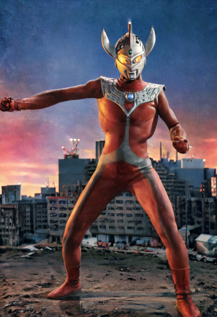 Ultraman Taro、Tokyo cityscape、Midnight、neon、A giant as tall as a building、Fighting Pose、slim、Muscular、Long limbs、Weapon、Gorgeous Body、Incitement、4K、Photorealistic、Portrait、male focus,clear,highres,Agitation,Angle from the bottom