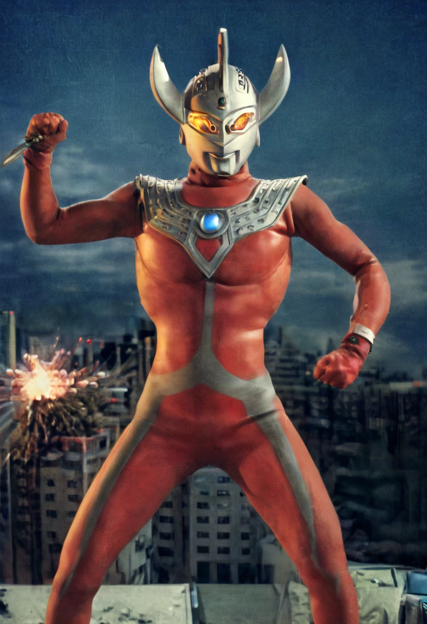 Ultraman Taro、Tokyo cityscape、Midnight、neon、A giant as tall as a building、Fighting Pose、slim、Muscular、Long limbs、Weapon、Gorgeous Body、Incitement、4K、Photorealistic、Portrait、male focus,clear,highres,Agitation,Angle from the bottom