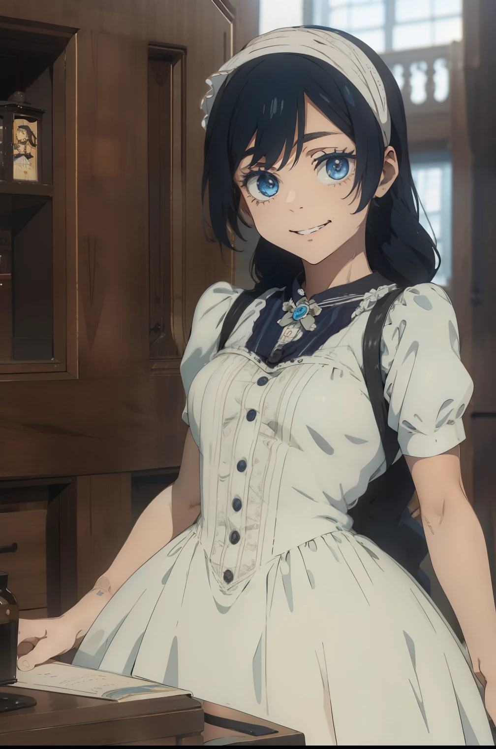 (masterpiece, Highest quality), 1 girl, Curvaceous and perfect body, What a lovely small cute size, Wavy Hair, Pastel Goth、A fearless grin, A pastel Victorian maid mini dress with intricate detailing, strap, leather, Frills, Knee socks, A bustling convention hall with exquisite details, Standing pose, Contrasting, afternoon