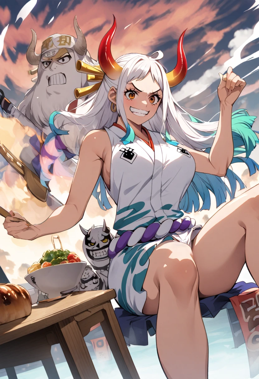 yamato \(one piece\)、long hair,multiclored hair,oni,horn、腕を組む、