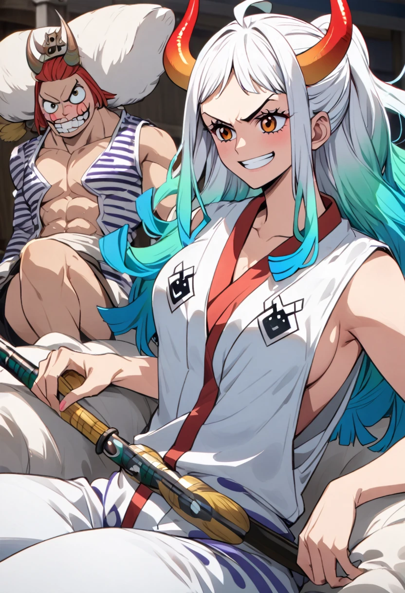 yamato \(one piece\)、long hair,multiclored hair,oni,horn、腕を組む、