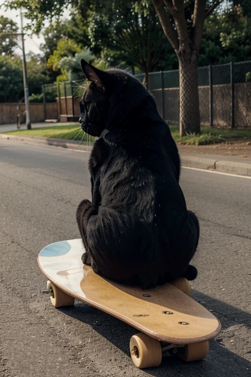 Black fat cat riding a skateboard