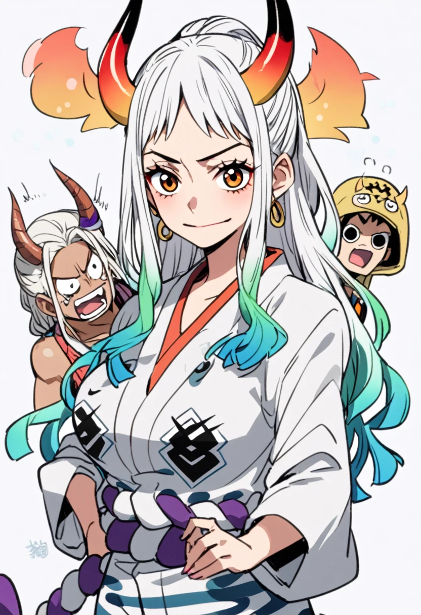 yamato \(one piece\)、long hair,multiclored hair,oni,horn、腕を組む、