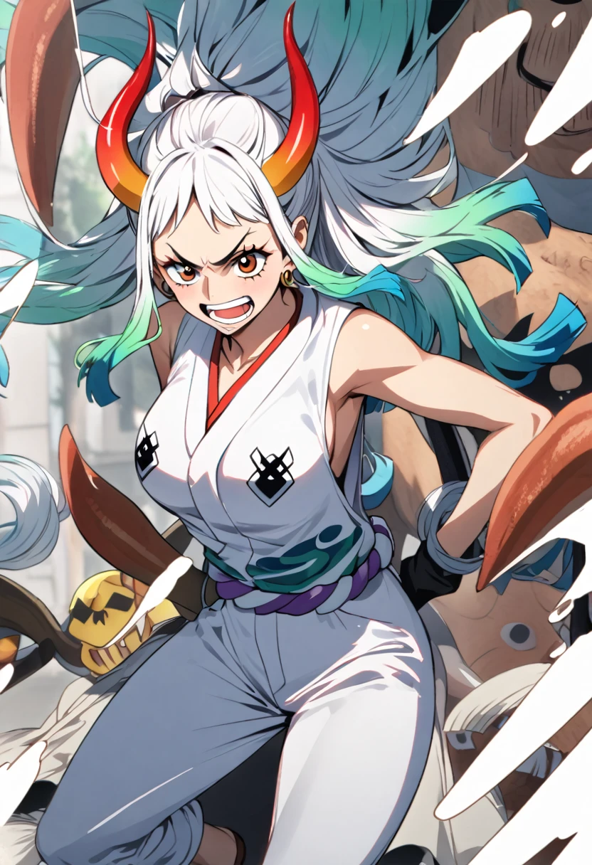 yamato \(one piece\)、long hair,multiclored hair,oni,horn、腕を組む、