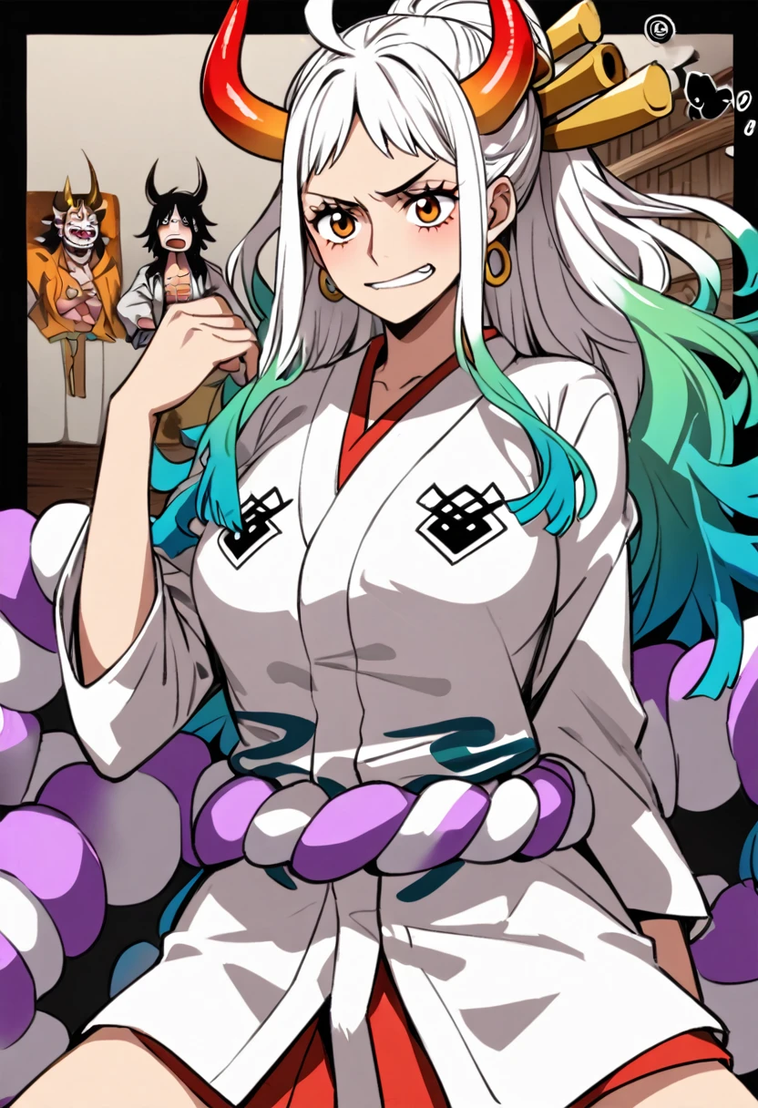 yamato \(one piece\)、long hair,multiclored hair,oni,horn、腕を組む、