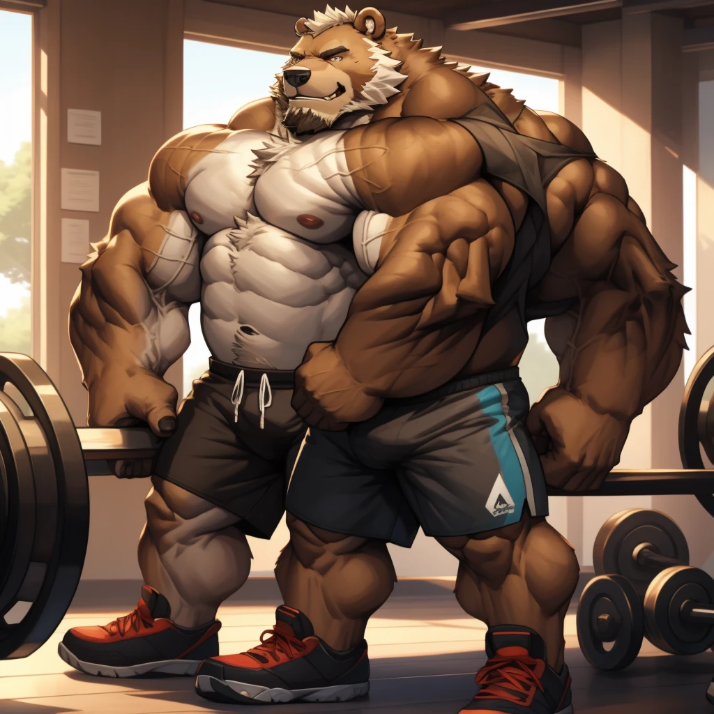 a potrait, full body, semirelistic:1.2, masterpiece, detailed face, muscular old grizzly bear in front gym, old bear, thick arm, huge arm, huge brown fur, bearded. Grey hair and beard, bearded grey, muscular, huge pectoral, wide pectoral, realistic, 8k, masterpiece, (wearing shorts, shirtless and topless:1.3, white shoes), smile