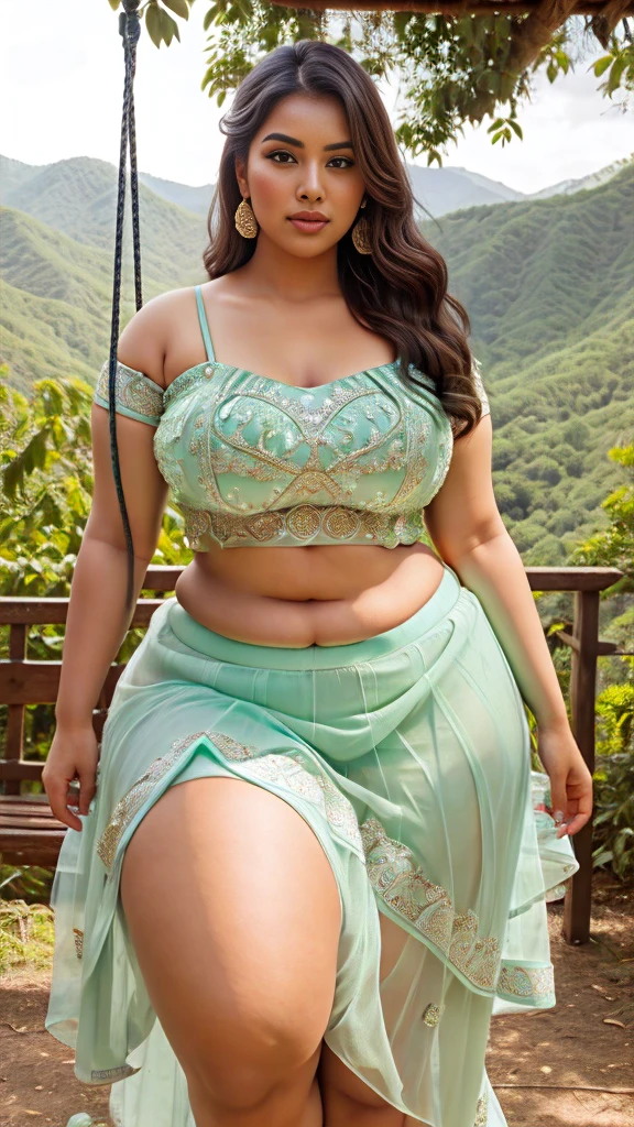 Indian beautiful woman sexy curvy plus size model wearing mint green color designing Lehenga Choli facing to camera in standing in the Sierra Madre Occidental landscape,head to thighs view, curvy plus size figure,big m-cup breasts ,wearing Indian Lehenga Choli, side bun hairstyle, bright eyes, thin eyebrows, fair skin, blushing cheeks, prefect ,head to thighs view, head to thigh view, Sierra Madre Occidental landscape background, bright sunlight sitting on swing