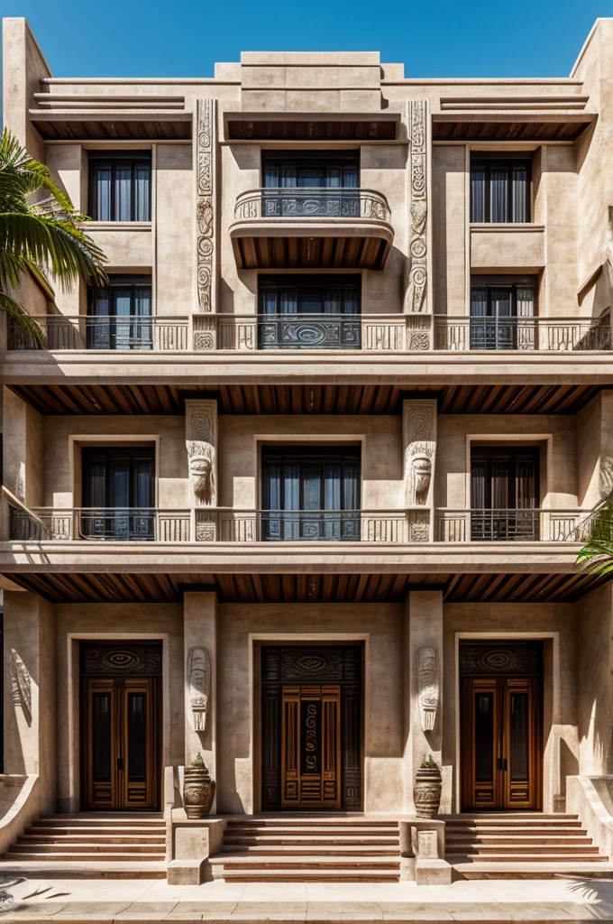 The facade of a house, with Mayan style on stairs and large windows with art deco ironwork, that it has a 2-story façade