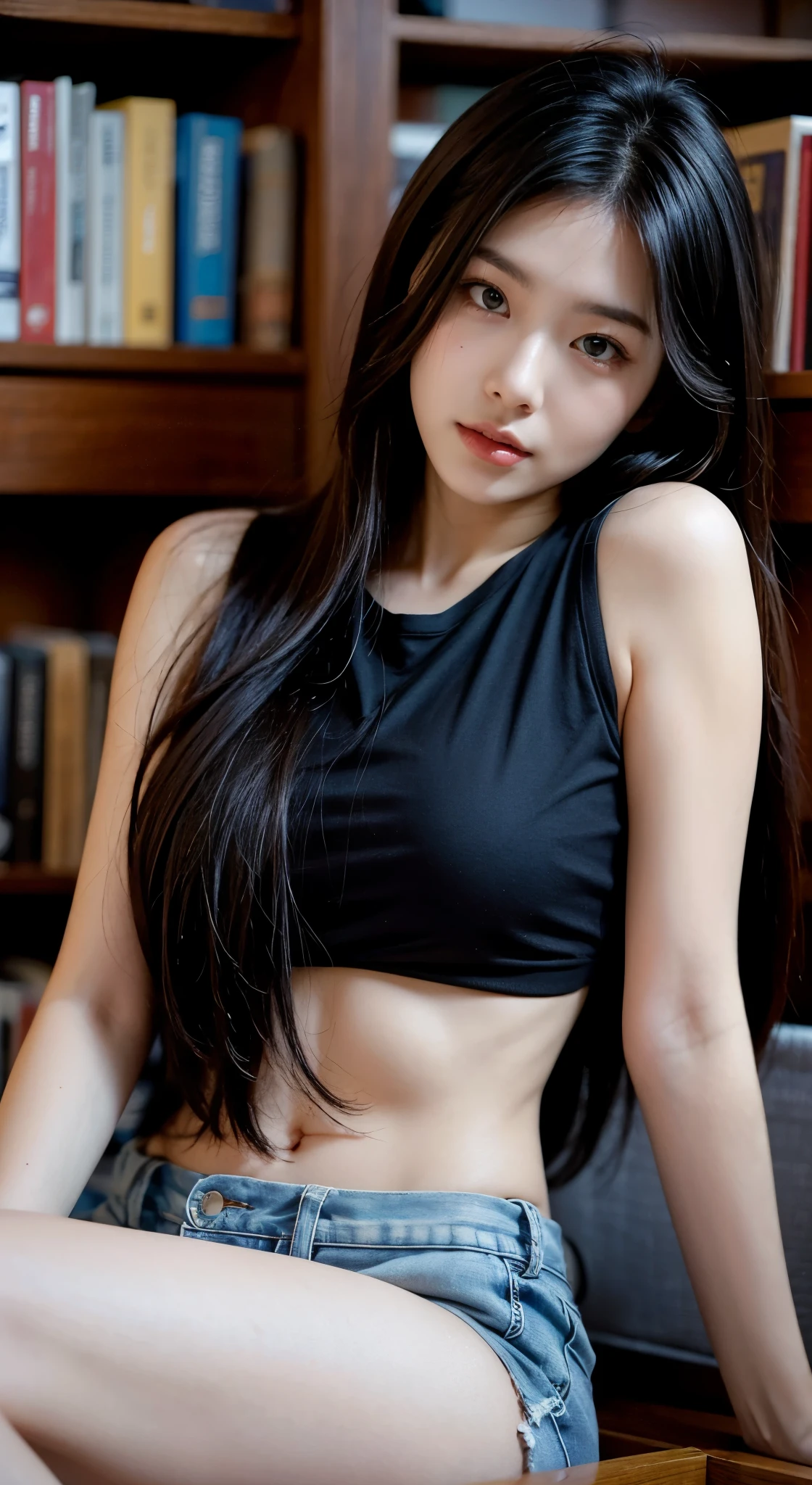 Korean woman, black short shirt，library，Fantasy style，soft light，Rich in detail，dreamy colors，elegant action, shy face, athlete, abs show, , black long hair, fair skin, restore face