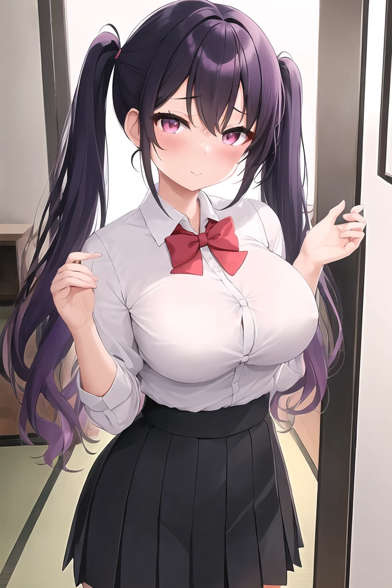 (pulling skirt showing naked tits ) High School Student Appearance: Akari is a beautiful young woman with shoulder-length, loose hair with two pigtails hanging on the sides and black-purple hair and captivating pink eyes.. She has a slim but curvy figure and a bright, radiant complexion.. His delicate facial features give him a youthful and endearing appearance.. CLOTHES: Akari wears a standard Japanese consisting of a white button-down shirt., a red bow tie and a black pleated skirt. His uniform is well ironed and fits perfectly., accentuating her slender waist and shapely figure. ,