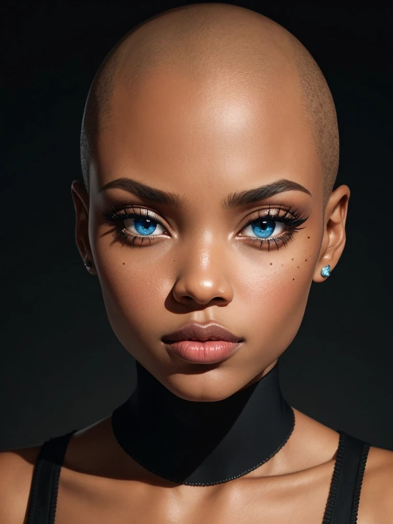 beautiful woman, african, black, big lips, blue eyes, bald, face, close up, front, clear skin, pinterest, instagram model, makeup