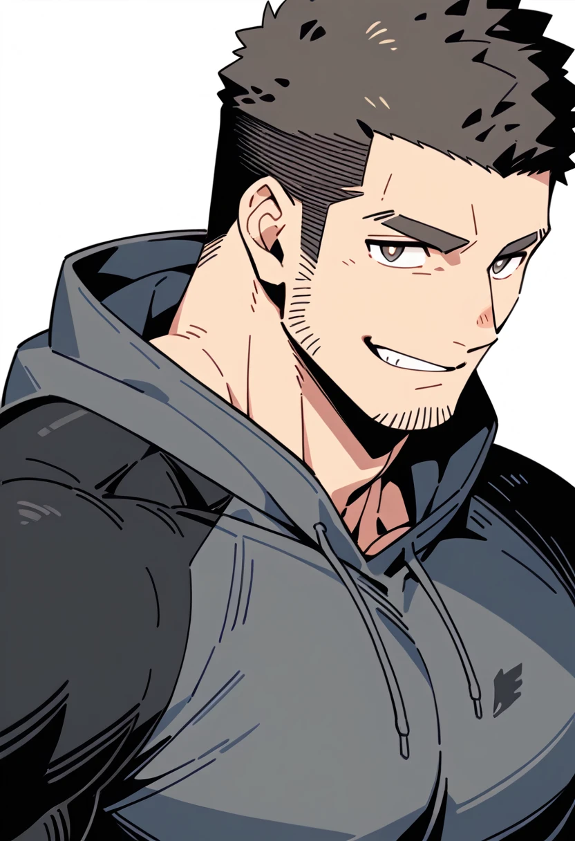 anime characters:Priapus, Black Black Skin Muscle Sports Student, Manliness, male focus, Sports tight hooded sweatshirt, Under Armour Brand, Wear a high-necked tights underneath, Very tight, Huge pectoral muscles, muscular male, muscular, Perfect muscular waist, only, Upper body, alone, Red short hair, Thick eyebrows, stubble, Brown-red pupils, White background, Solid color background, Clean background, simple background, amazing quality, best aesthetics, Ridiculous, crew cut, smirk, bright pupils, grin, negative space, negative space, best quality