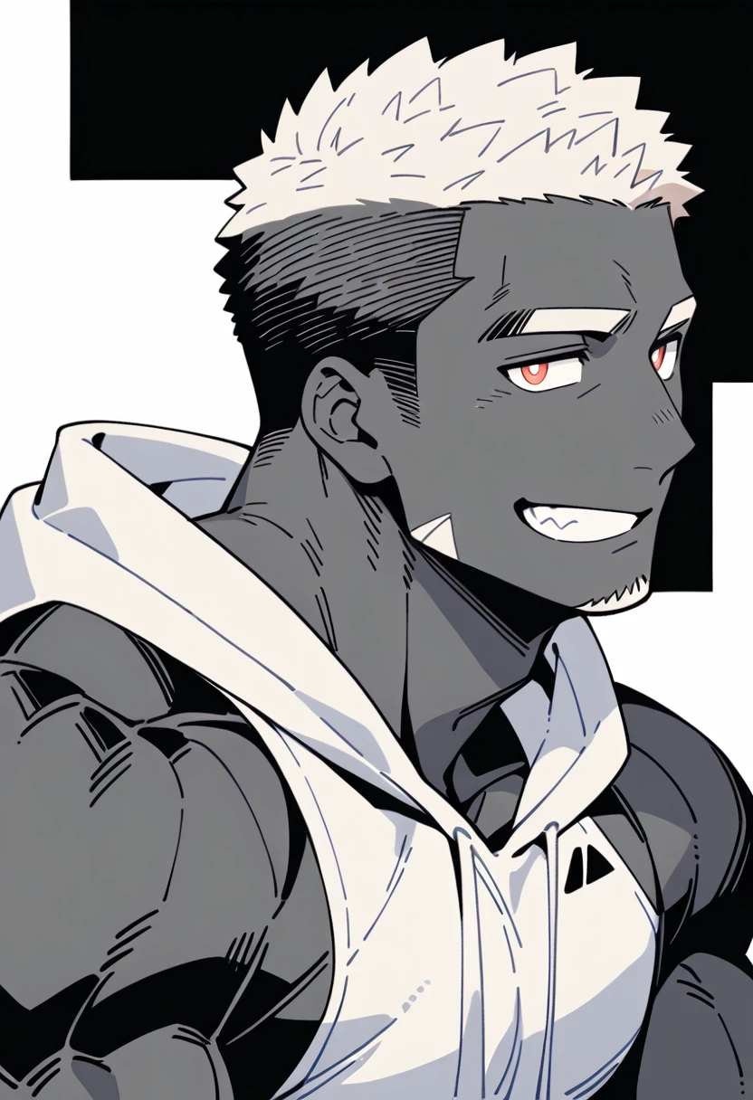 anime characters：Priapus, Black Black Skin Muscle Sports Student, Manliness, male focus, Sports tight hooded sweatshirt, Under Armour Brand, Wear a high-necked tights underneath, Very tight, Huge pectoral muscles, muscular male, muscular, Perfect muscular waist, only, Upper body, alone, Red short hair, Thick eyebrows, stubble, Brown-red pupils, White background, Solid color background, Clean background, simple background, amazing quality, best aesthetics, Ridiculous, crew cut, smirk, bright pupils, grin, negative space, negative space, best quality