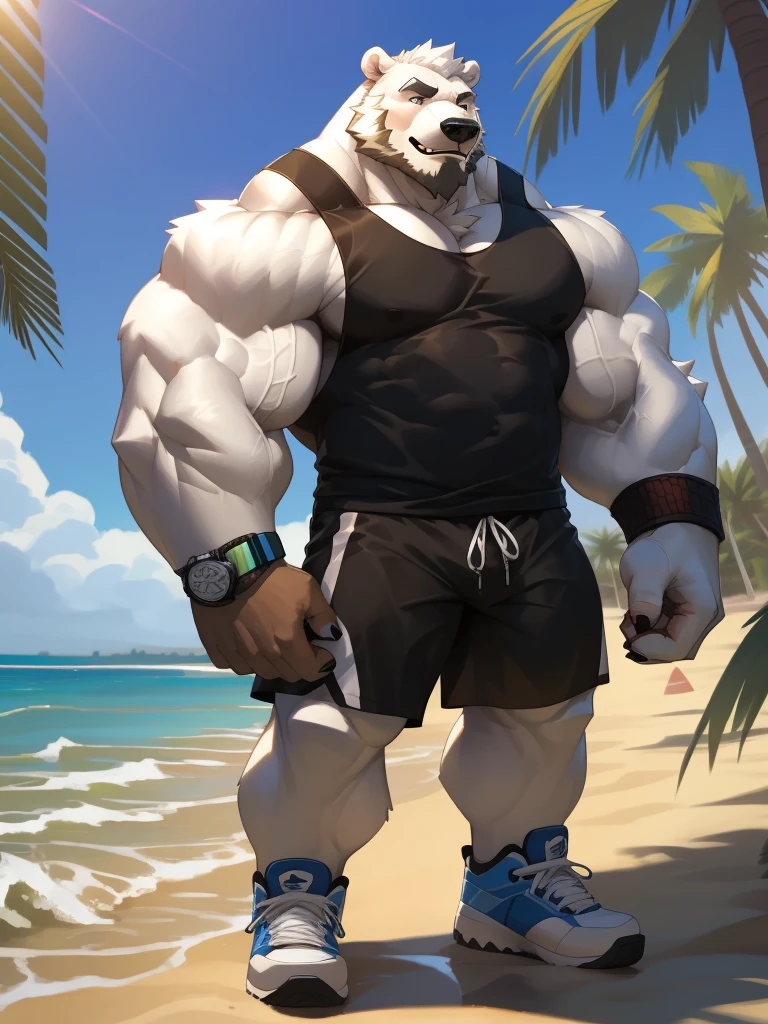 huge muscular polar bear in L.A. beach, big smile, polar bear, huge white fur, thick arm, huge arm, bearded. white hair and beard, bearded, (muscular, pectoral, wide pectoral, thick arms), beach, palm, realistic, 8k, masterpiece, (wearing black shorts, wristband, watch, blue tank top and white shoes)