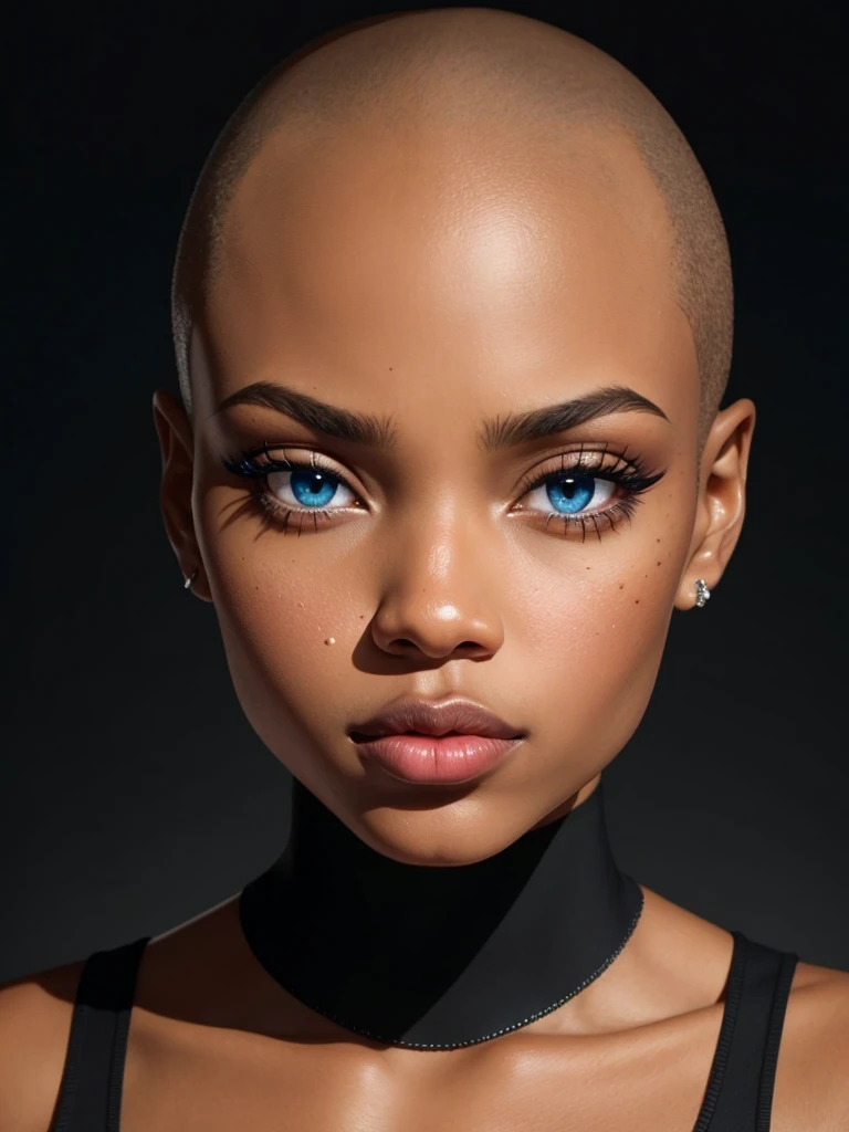 beautiful woman, african, black, big lips, blue eyes, bald, face, close up, front, clear skin, pinterest, instagram model, makeup