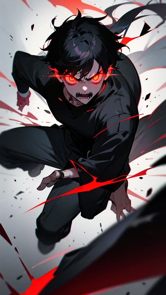 black shirt, red eyes, black hair, 1 boy, whole body, Angry, ((Glowing eyes))