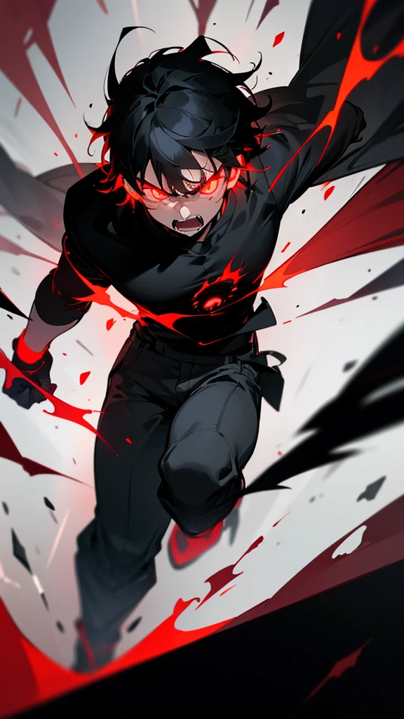 black shirt, red eyes, black hair, 1 boy, whole body, Angry, ((Glowing eyes))