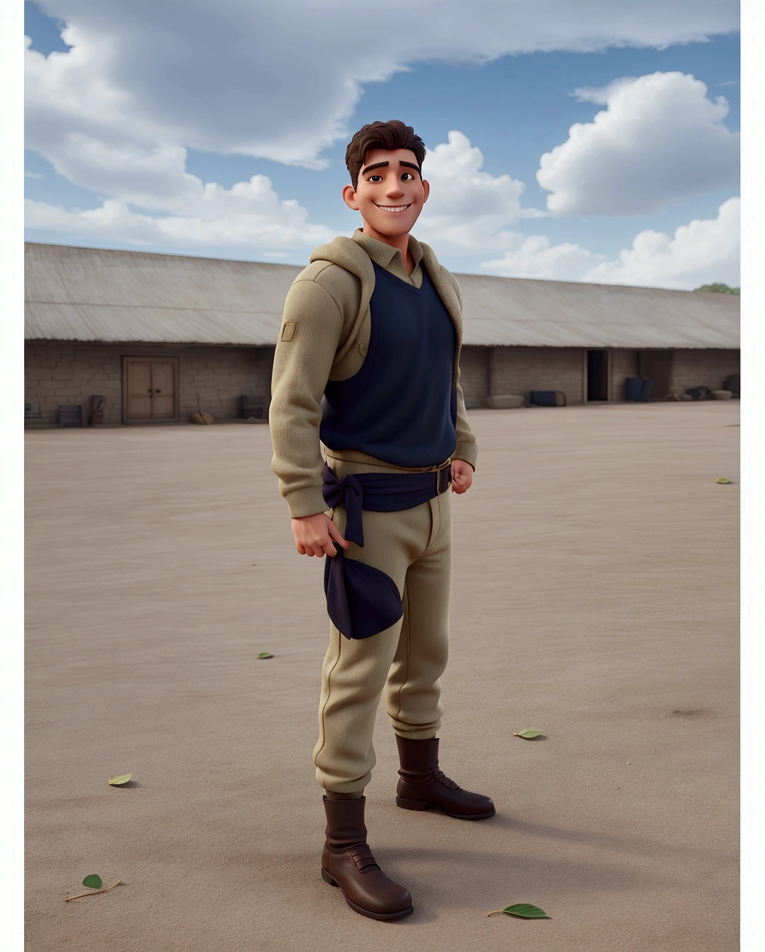 
leaves clothes exactly the same. make the man smiling and a little muscular.