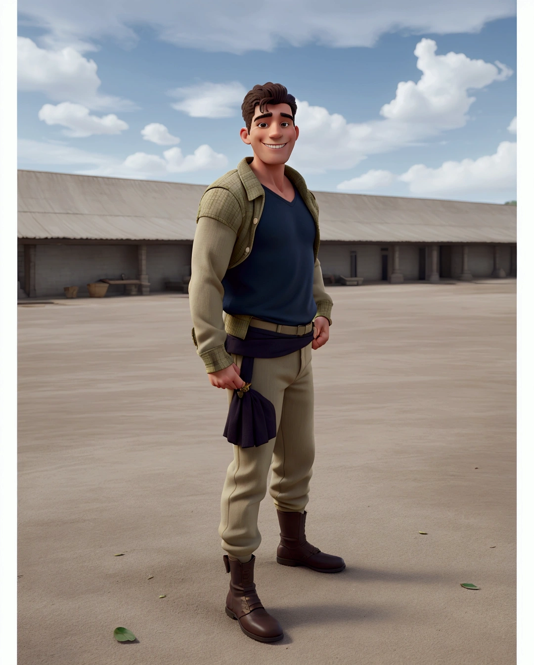 leaves clothes exactly the same. make the man smiling and a little muscular.