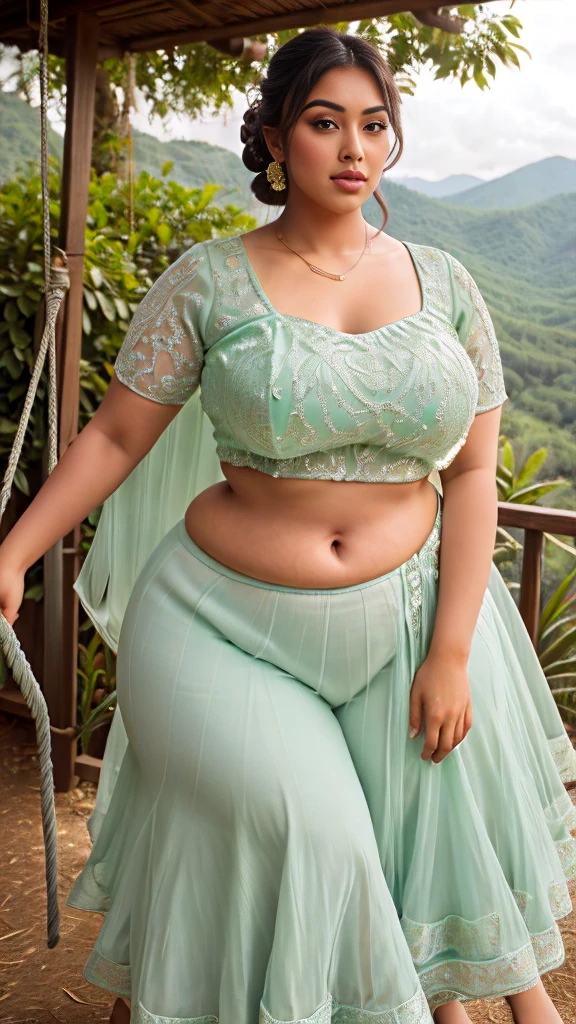 Indian beautiful woman sexy curvy plus size model wearing mint green color designing Lehenga Choli facing to camera in standing in the Sierra Madre Occidental landscape,head to thighs view, curvy plus size figure,big m-cup breasts ,wearing Indian Lehenga Choli, side bun hairstyle, bright eyes, thin eyebrows, fair skin, blushing cheeks, prefect ,head to thighs view, head to thigh view, Sierra Madre Occidental landscape background, bright sunlight sitting on swing