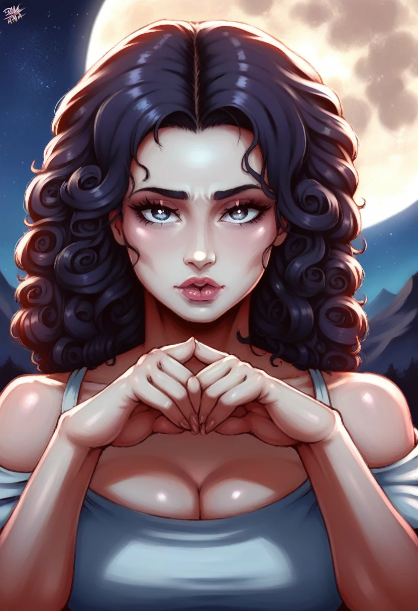a woman with long curly hair kneeling, hands in prayer pose, high mountains in background, starry night sky with moon rising behind mountains, photorealistic,8k,HDR,ultra-detailed,cinematic lighting,dramatic shadows,glowing moon,detailed facial features,beautiful detailed eyes,beautiful detailed lips,extremely detailed face,long eyelashes,serene expression,dramatic atmosphere,moody colors,deep blues and purples,dramatic lighting,cinematic composition