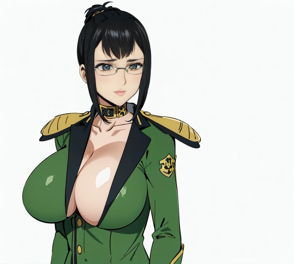 1,girl, asian.,Dutt bun Haircut, black hair,glasses, gold epaulet,black belt,green general army officer, latex blazer Uniform, green latex trousers,big breats, clead collar, stand