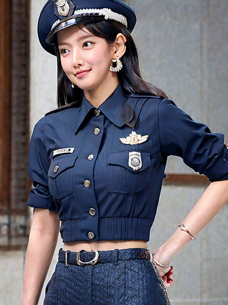 1girl, solo, breasts, looking at viewer, blush, long hair, large breasts, shirt, black hair, hat, navel, jewelry, earrings, shorts, midriff, uniform, suspenders, blue shirt, salute, police, police uniform, policewoman, police hat,bikie