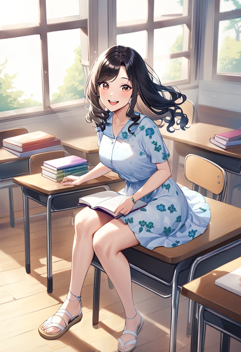 Verdia - MILF Hunting In Another World
A beautiful Asian woman in her late 30s, with long black hair styled in soft waves. She is wearing a summer teacher outfit consisting of a light, floral dress that falls just above her knees and a pair of white sandals. She has a cheerful and engaging expression. The setting is a bright and airy classroom with large windows letting in sunlight. She is sitting on the edge of a desk, legs crossed, holding a book open on her lap and smiling at the camera. Her summer outfit complements her vibrant and approachable demeanor