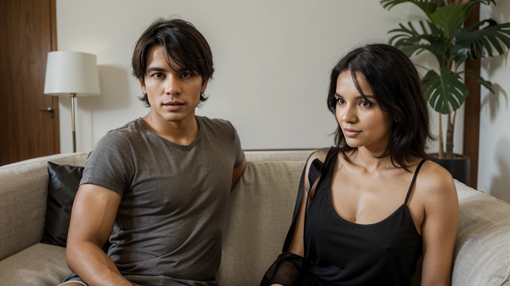 48 year old Brazilian woman, sitting not sofa , young man 25 years old with short black hair standing