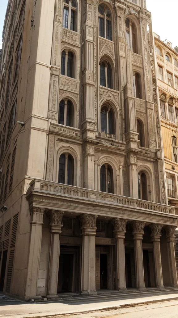 Old Building in the City Center: An image of an old, imposing building in the city center. The building has classic architecture with ornate details worn by time. Some windows are broken or covered in dust, and there's a sense of abandonment, with long shadows and a cloudy sky in the background