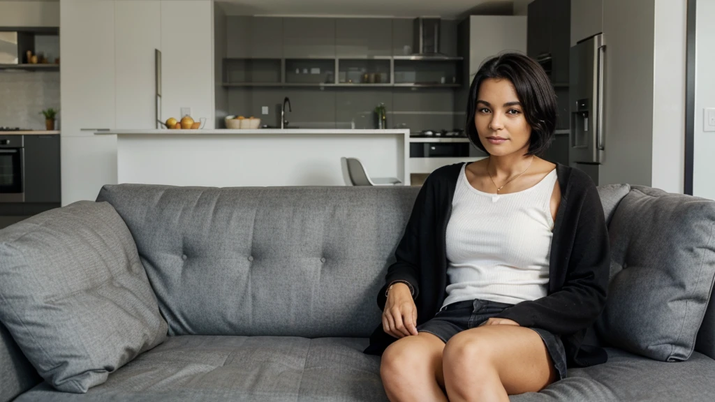 48 year old Brazilian woman, sitting not sofa , young man 25 years old with short black hair standing