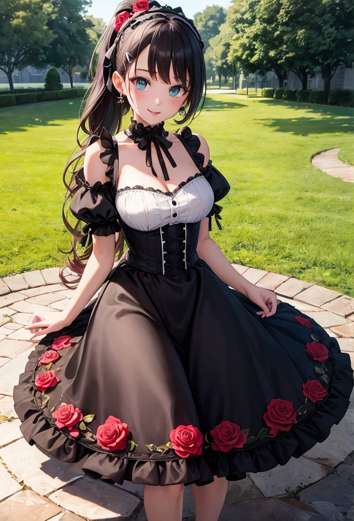 A beautiful girl in a black dress sitting on a wooden platform, anime girl, rose garden, beautiful and sunny day, black lolita dress with lots of ruffles, floral print dress, short sleeve, lolita choker, low-cut chest, big round breasts, white lace thigh-high stockings, black lolita shoes, dark brown hair, gradient bangs, french braid, long hair, ponytail, wavy hair, swept bangs, shiny hair, hairclip, hair ribbon, hair flower, jewelry, lolita hairband, aqua eyes, glowing eyes, pupils sparkling, earrings, light smile, blush, happy, red lips, slim waist, shapely legs, beautiful thighs, princess dress, short skirt, high detail, anime, dithering, image fill, perspective, Wide-Angle, f/1.8, 85mm, Sony FE GM, 8k, 8k wallpaper, super detail, highly detailed CG, UHD, retina, masterpiece, accurate, anatomically correct, textured skin, highres, best quality:1.3, 16k