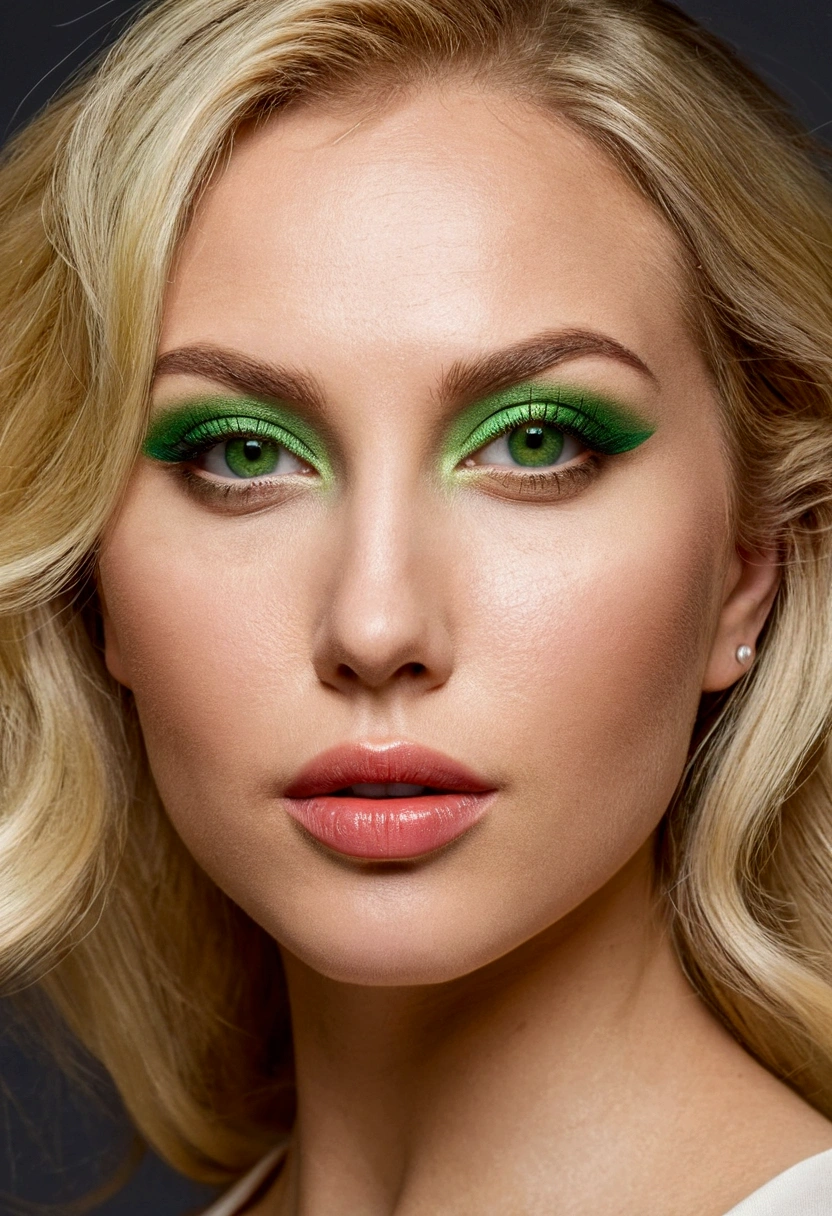 a woman around 28 years old, with blonde hair, intense green eyes that enhance her beauty, thick and sensual lips that accentuate her attractiveness. This woman's face exudes a playful charm, radiating confidence and sensuality in every gesture and gaze.