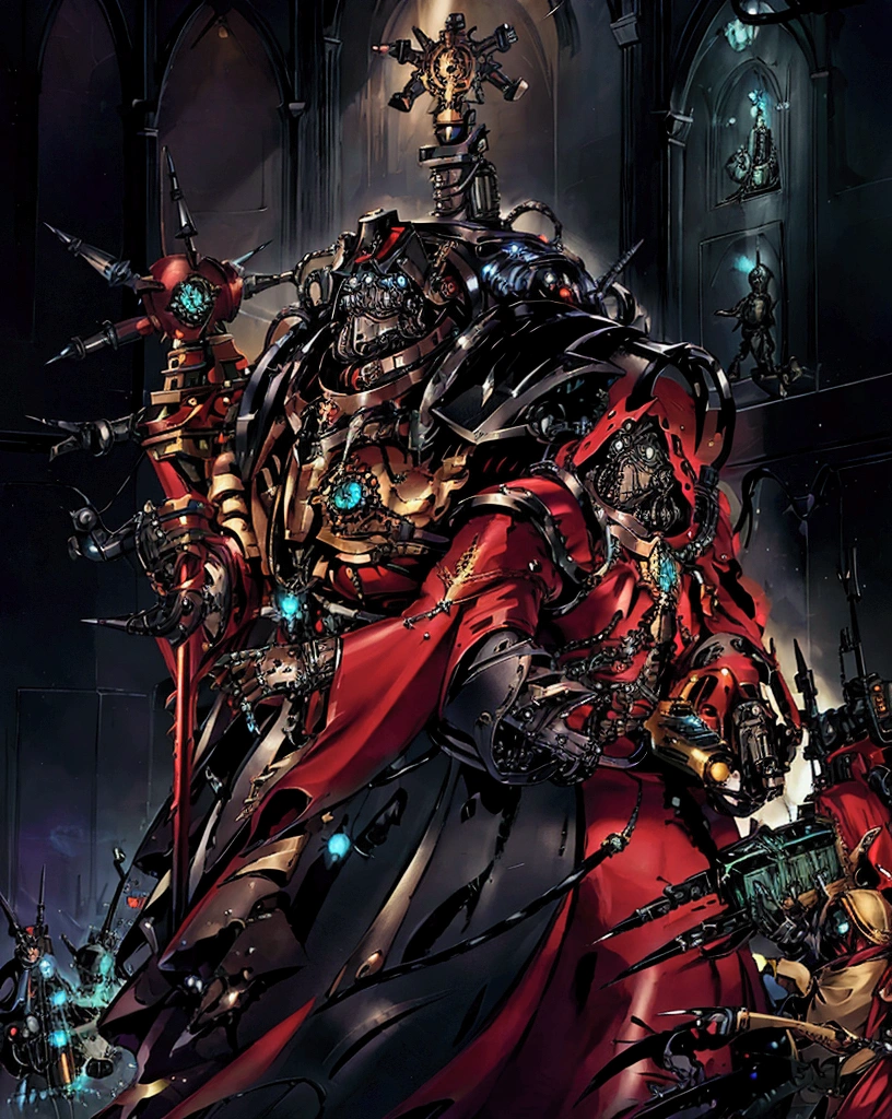 servo do omnissiah, fazer um adeptus mechanicus, adeptus mechanicus imponente, wearing armor, Holding a book, detailded, holding a staff, filled with implant, dark cathedral background (fundo detailded), robotic father with armadura.