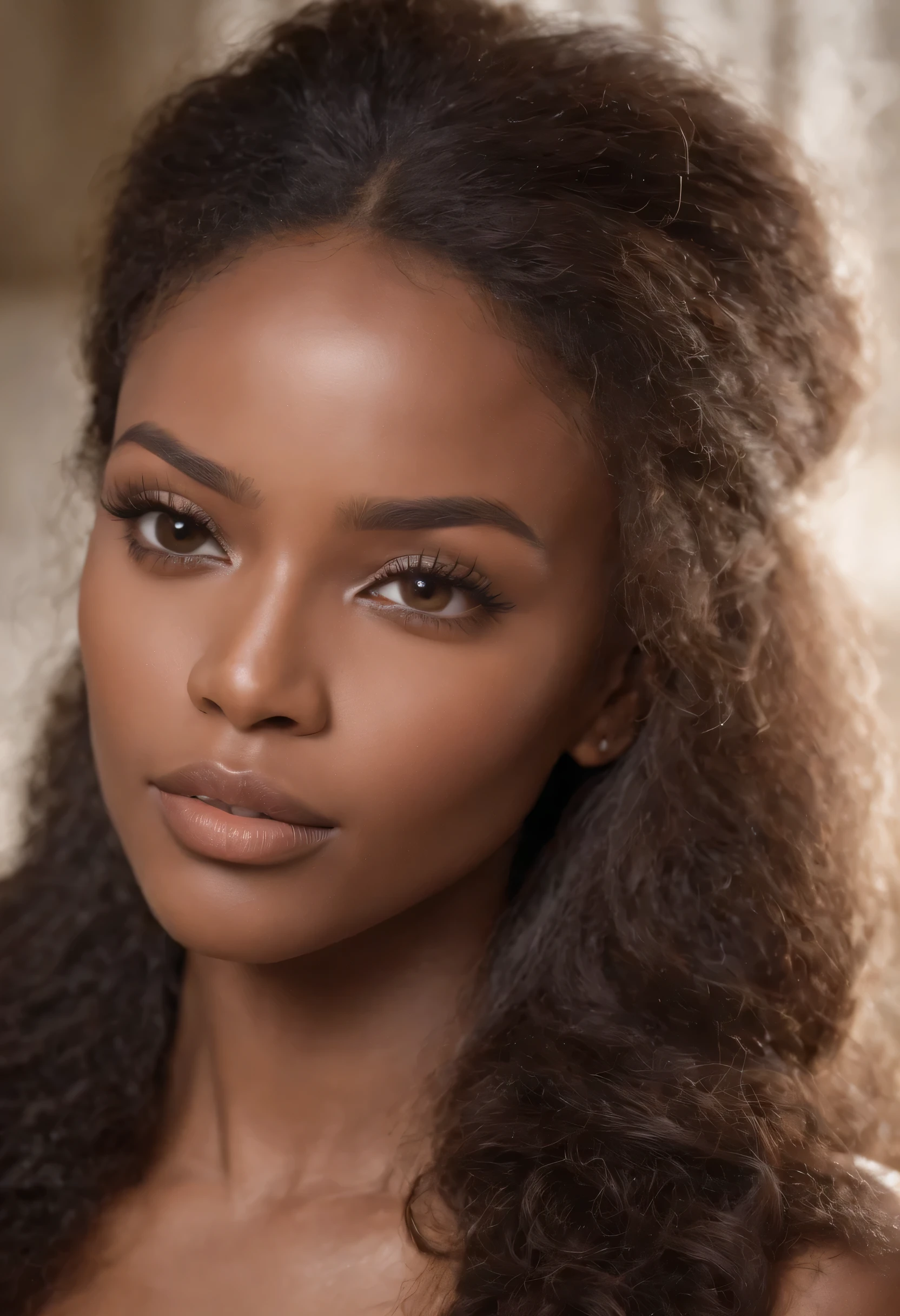 dark brown skin, beautiful face, detailed eyes, beautiful eyes, focus on eyes, golden brown tan, highly detailed skin, long eyelashes, black mascara, photorealistic, best quality, masterpiece, crystal clear hazel eyes 1.2, thick eyebrows, large breasts popping out, sexy shoulders, perfect face, mole over lip, nice lips, long afro hair, natural afro, long hair