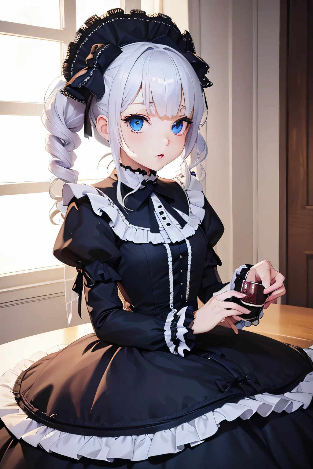 (Tabletop, Highest quality:1.2), 8k, 85mm, Official Art, RAW Photos, Absurd, Platinum Hair, (blue eyes, Lolita Fashion, Sweet Lolita, Gothic, dress:1.2), Idol&#39;s face, Whole Body Ezbian, beautiful girl, Gardeniass, Copenhagen, Short sleeve, grace, Sophisticated, Gardenia, View your viewers, Film Grain, chromatic aberration, Sharp focus, Face Light, Dynamic Lighting, Cinema Lighting, Detailed face, Bokeh Background