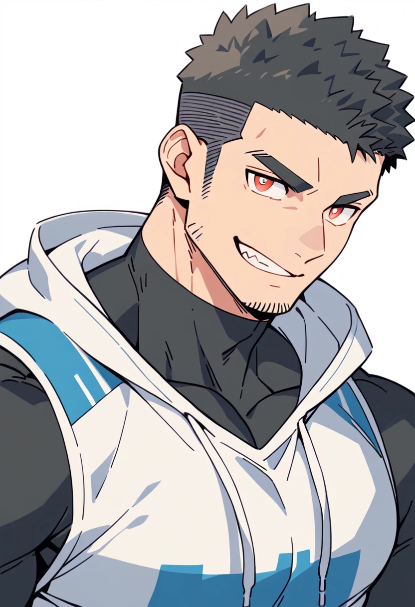 anime characters:Priapus, Black Black Skin Muscle Sports Student, Manliness, male focus, Sports tight hooded sweatshirt, Under Armour Brand, Wear a high-necked tights underneath, Very tight, Huge pectoral muscles, muscular male, muscular, Perfect muscular waist, only, Upper body, alone, Red short hair, Thick eyebrows, stubble, Brown-red pupils, White background, Solid color background, Clean background, simple background, amazing quality, best aesthetics, Ridiculous, crew cut, smirk, bright pupils, grin, negative space, negative space, best quality