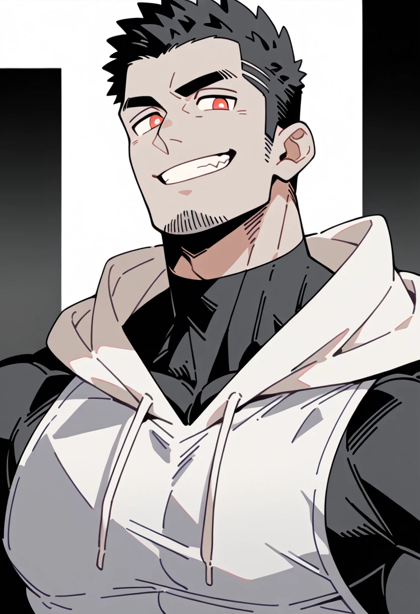 anime characters:Priapus, Black Black Skin Muscle Sports Student, Manliness, male focus, Sports tight hooded sweatshirt, Under Armour Brand, Wear a high-necked tights underneath, Very tight, Huge pectoral muscles, muscular male, muscular, Perfect muscular waist, only, Upper body, alone, Red short hair, Thick eyebrows, stubble, Brown-red pupils, White background, Solid color background, Clean background, simple background, amazing quality, best aesthetics, Ridiculous, crew cut, smirk, bright pupils, grin, negative space, negative space, best quality