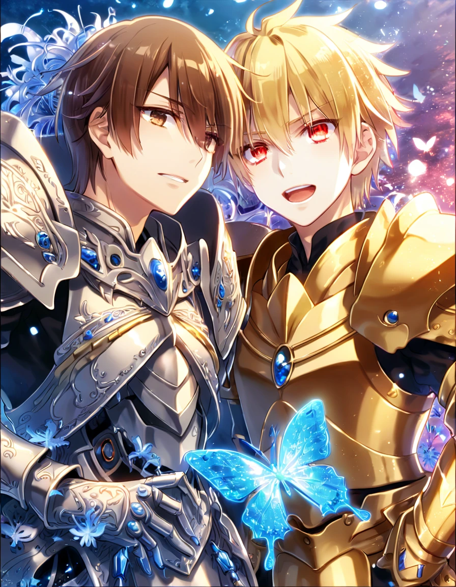 absurd resolution, high resolution, ultra detailed, detailed eyes, extremely detailed, HDR, 8K, Gilgamesh, blonde hair, expressive red eyes, Fate Extra ccc, Kishinami Hakuno, brown hair, expressive brown eyes, two sexy men together, yaoi, gay couple, handsome, armor, black clothes, fantasy, cool, magical, mana, blue magic circle, blue glittering butterflies, blue dust flying around, blue spider lilies