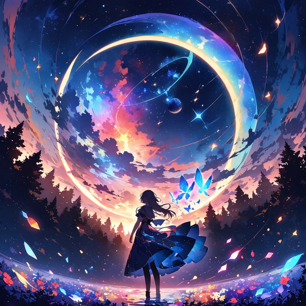 masterpiece、background((excellent starry sky、meteor、magic))、depth((Huge trees、excellent、luminescent))、A beautiful girl、piece、Rear view、From face to waist,Anime inspired by Makoto Shinkai, Space art,mystery,light,Butterfly, constellation, Girl riding on the crescent moon, nebula, Blue rose petals, Multicolored Glass, entire field of Multicolored Glass