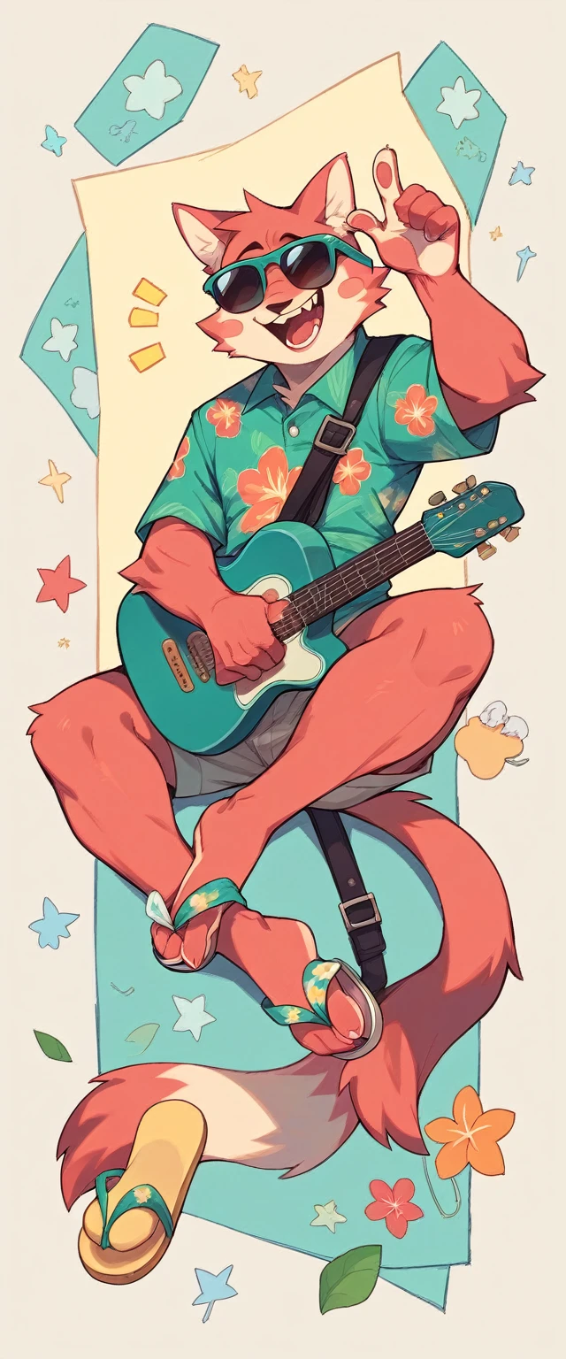 A pale red fluffy cat in a full-length turquoise Hawaiian shirt and flip-flop slippers holds in one hand a closed guitar case covered with stickers and stamps, and with the other hand he takes off his sunglasses