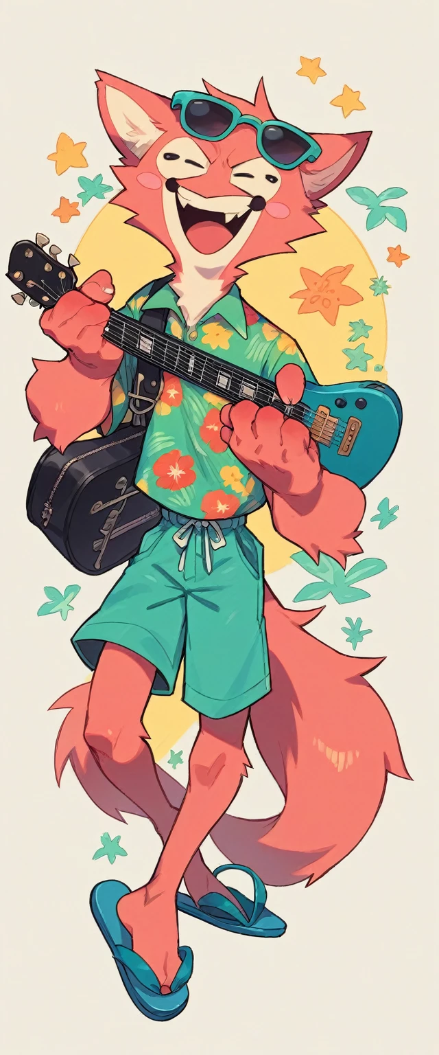 A pale red fluffy cat in a full-length turquoise Hawaiian shirt and flip-flop slippers holds in one hand a closed guitar case covered with stickers and stamps, and with the other hand he takes off his sunglasses
